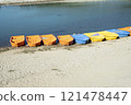 Colorful boats on the shore of the lake, closeup of photo 121478447