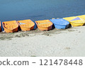 Colorful plastic boats on the shore of a lake, close-up 121478448
