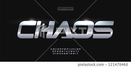 Bold futuristic font, sleek metallic design, sci-fi aesthetic with sharp lines, dynamic modern typography, tech-inspired lettering for gaming and innovation branding. Vector typeset. 121478468