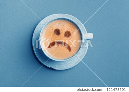 Upset face on coffee foam. Blue Monday. Upset face on coffee foam. Blue Monday. 121478501