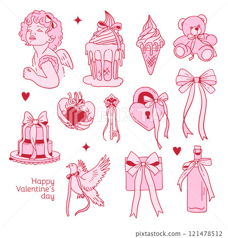 Coquette Valentine s day elements set decorated with coquette bows, ribbons. Angel, icecream, teddy, cake, wine bottle and dove Elegant vintage cupid with bow. Hand drawn line art vector illustrations 121478512
