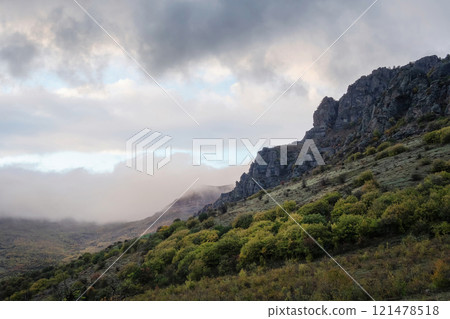 Rainy and foggy view at the mountain. Rainy and foggy view at the mountain. 121478518