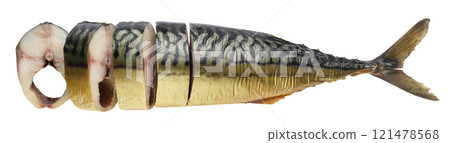 Smoked mackerel cut into pieces on a white background. Top view Smoked mackerel cut into pieces on a white background. Top view 121478568