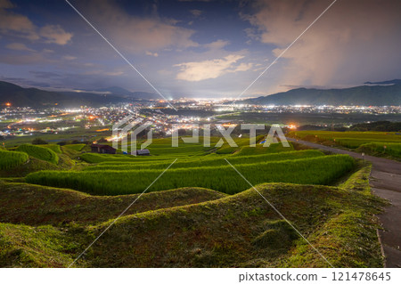 Chikuma, Nagano, Japan from Obasute Rice Terraces at dusk in summer. 121478645