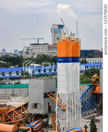Cement silos of Cement batching plant factory or Concrete mixing tower. Concept of on-site construction facility. 121478680
