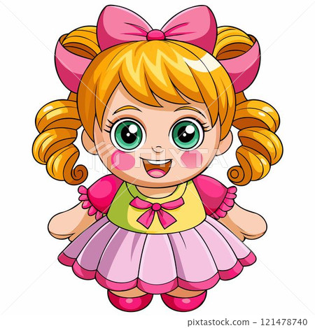 Girl in pink dress sticker. Pretty female cartoon character. Cute young child. 121478740