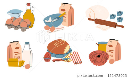 Baking tools. Making bread, cupcake, and cake. Ingredients for homemade baking: flour, milk, butter. 121478923
