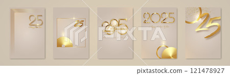 set card 2025 Happy New Year gold texture, golden luxury beige elegante modern background, elements for calendar, greetings card or Christmas themed winter holiday invitations, geometric decorations set card 2025 Happy New Year gold texture, golden luxury beige elegante modern background, elements for calendar, greetings card or Christmas themed winter holiday invitations, geometric decorations 121478927