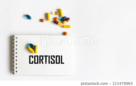 The inscription CORTISOL is written on a notebook. Front view. Pills on a white background. The inscription CORTISOL is written on a notebook. Front view. Pills on a white background. 121478963