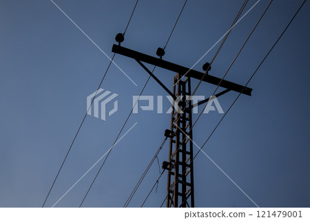Silhouette of Utility Pole and Wires at Dusk Silhouette of Utility Pole and Wires at Dusk 121479001