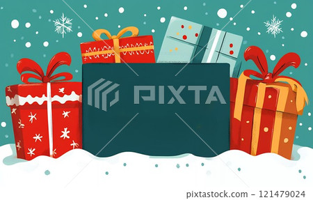 Festive Christmas Gifts Snow Teal Background Holiday Presents Winter Wonderland Festive Christmas Gifts Snow Teal Background Holiday Presents Winter Wonderland 121479024