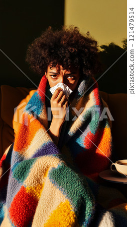 Wrapped in a bright blanket, a young woman is relaxing on the couch, fighting a cold in search of solace. Sunlight penetrates inside, creating a peaceful, but at the same time exhausting atmosphere. 121479514