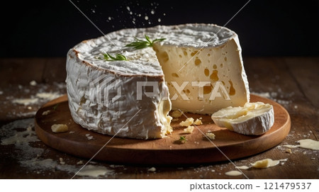 Creamy artisan cheese on wooden board with herbs scattered in a dimly lit setting 121479537