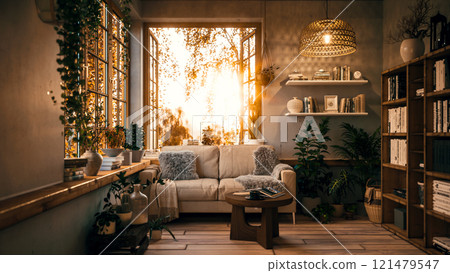 Beautiful morning with red autumn trees. Cozy room with autumn landscape. Home library with sofa. Cozy lounge. 3d visualization 121479547