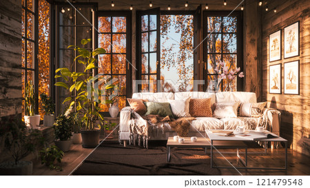 Relaxation area with sofa on the terrace. Autumn landscape outside the window. Beautiful morning with red autumn trees. 3d visualization Relaxation area with sofa on the terrace. Autumn landscape outside the window. Beautiful morning with red autumn trees. 3d visualization 121479548