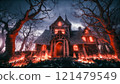 Burning ghost house. Scary Haunted House. Burning horror house in the forest 121479549