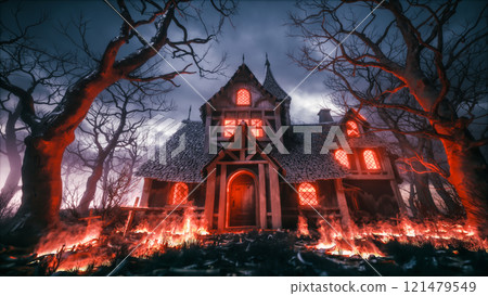 Burning ghost house. Scary Haunted House. Burning horror house in the forest 121479549