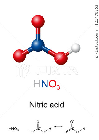 Nitric acid, HNO3, molecule model and chemical structure. Inorganic compound, corrosive mineral acid, and oxidizing agent. The main industrial use of nitric acid is for the production of fertilizers. 121479553
