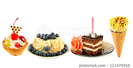 Sweet pastries and other desserts isolated on white . Wide photo. Collage. Sweet pastries and other desserts isolated on white . Wide photo. Collage. 121479568