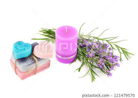 Soap and scented candles with lavender extract isolated on white. Free space for text. 121479570