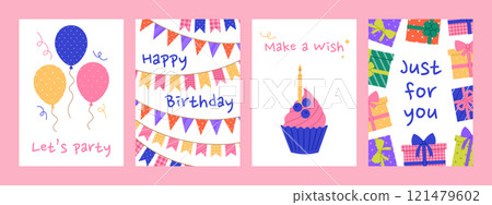 Happy Birthday vertical greeting cards set with balloons, garlands, cupcake and gift boxes. Holiday banner, flyer, invitation templates on white background. Vector flat illustration 121479602