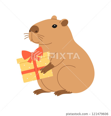 Funny festive capybara sits with gift box. Cute capibara with present for holiday greeting card, invitation, banner. Birthday character. Vector flat illustration isolated on white background 121479606