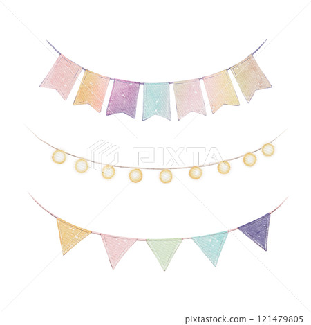 Set of festive flags and garlands in watercolor 121479805