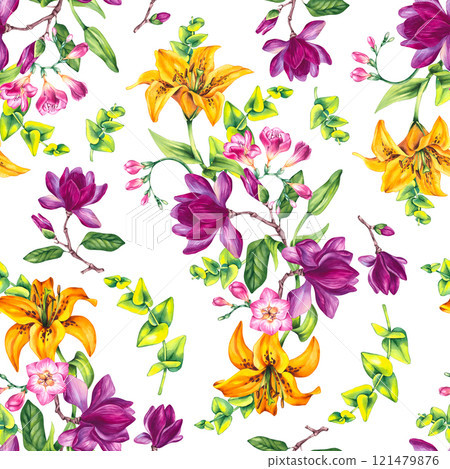 Floral illustration with freesia magnolia and lily Floral illustration with freesia magnolia and lily 121479876