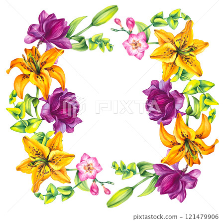 Floral illustration with freesia magnolia and lily Floral illustration with freesia magnolia and lily 121479906