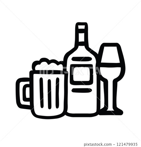 Hand drawn alcoholic drinks with wine and beer Icon Hand Drawn Black - White Thick Lines 121479935