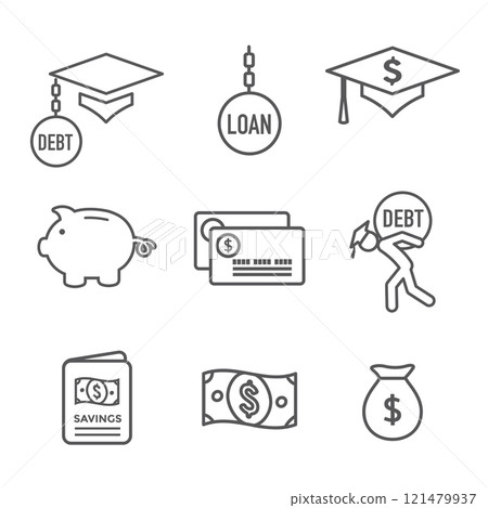 Student Loan Debt Forgiveness Icon Set w Debt Burden Images 121479937
