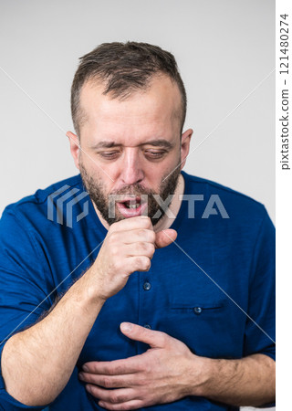 Man choking, coughing having flu Man choking, coughing having flu 121480274