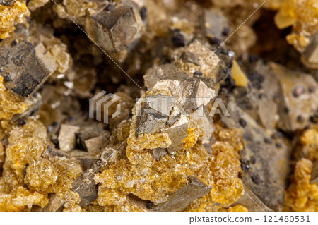 macro stone mineral Arsenopyrite on a white background macro stone mineral Arsenopyrite on a white background 121480531