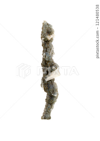 Macro Chalcedony mineral stone with Apophyllite on a white background 121480538