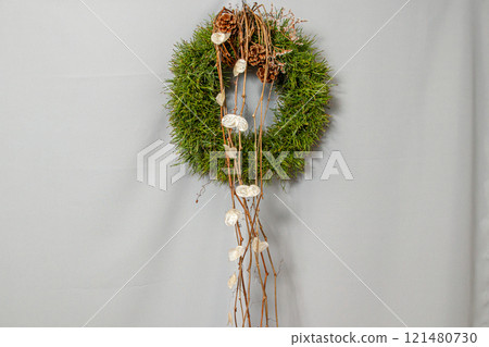 Christmas composition. Wreath of Christmas tree branches 121480730