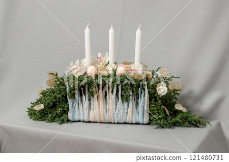 Christmas composition of flowers and Christmas decorations 121480731