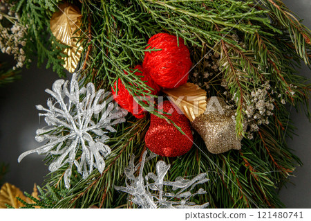 Christmas composition. Wreath of Christmas tree branches Christmas composition. Wreath of Christmas tree branches 121480741