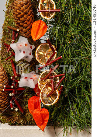 Christmas composition of flowers and Christmas decorations Christmas composition of flowers and Christmas decorations 121480746