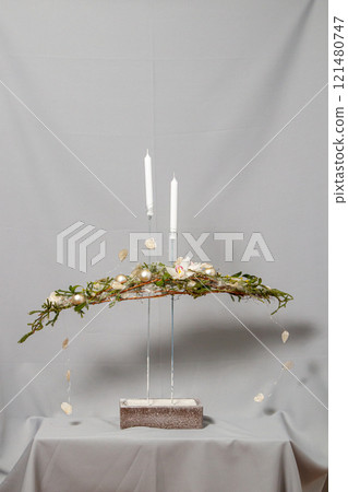 Christmas composition of flowers and Christmas decorations 121480747