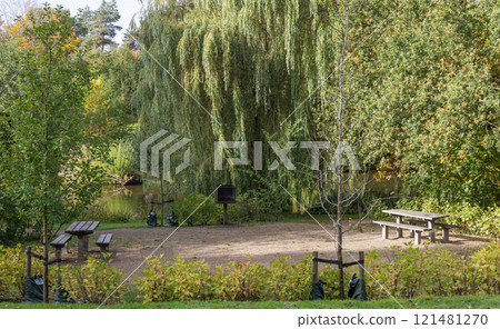 Picnic area in the park with a barbecue grill and wooden tables. 121481270