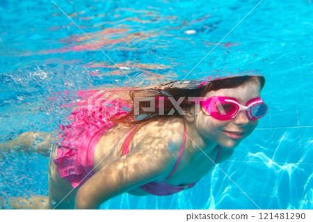 underwater little girl pink bikini blue swimming pool underwater little girl pink bikini blue swimming pool 121481290