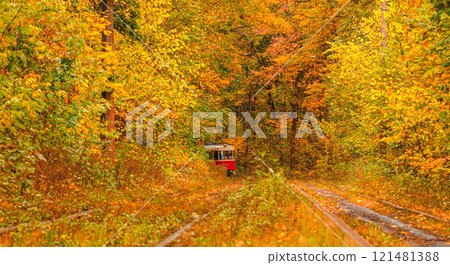 Autumn forest through which an old tram rides (Ukraine) Autumn forest through which an old tram rides (Ukraine) 121481388