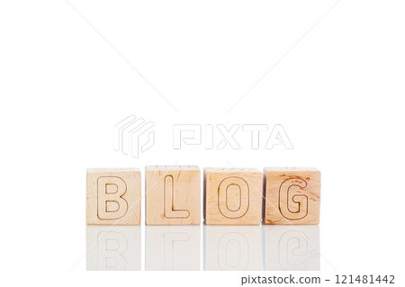 Wooden cubes with letters Blog on a white background 121481442