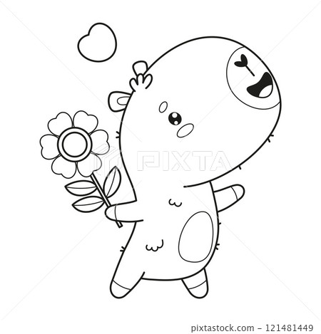 Outline Adorable cartoon capybara with flower and heart. Cute enamored kawaii character animal. Line drawing, coloring book. Vector illustration Outline Adorable cartoon capybara with flower and heart. Cute enamored kawaii character animal. Line drawing, coloring book. Vector illustration 121481449