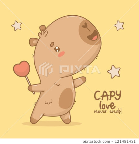 Cute Capybara with heart. Happy cartoon kawaii animal rodent. Vector illustration. Holiday Valentine card with slogan congratulation. Cute Capybara with heart. Happy cartoon kawaii animal rodent. Vector illustration. Holiday Valentine card with slogan congratulation. 121481451