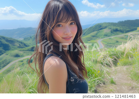 A woman's refreshing smile shining against the blue sky and hills 121481463