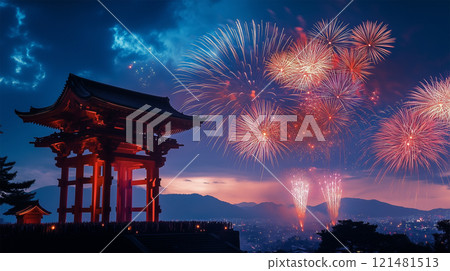 Traditional Kyoto shrine and New Year's fireworks lighting up the night sky 121481513