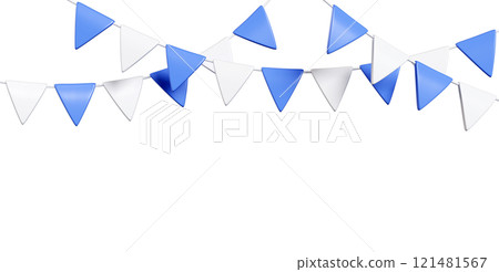 Party flag bunting border with triangular blue and white pennants. Festive decoration 3d render banner element for celebration events, holiday designs or birthday layout backgrounds. Party flag bunting border with triangular blue and white pennants. Festive decoration 3d render banner element for celebration events, holiday designs or birthday layout backgrounds. 121481567