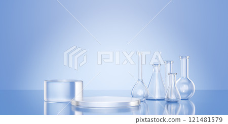 Lab glass research equipment with empty transparent flasks, test tubes near circular transparent podium displays. Scientific 3d render mockup on blue reflective background for cosmetic presentation. Lab glass research equipment with empty transparent flasks, test tubes near circular transparent podium displays. Scientific 3d render mockup on blue reflective background for cosmetic presentation. 121481579