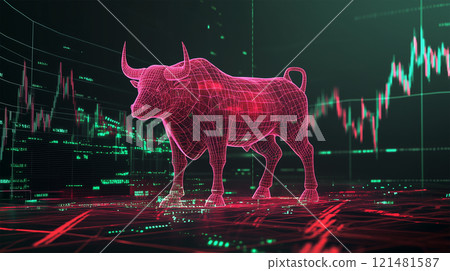 A wireframe bull stalks the financial markets 121481587